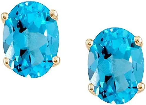 2.80 Carats Genuine Blue Topaz Oval Stud Earrings Solid 14KT Yellow Gold