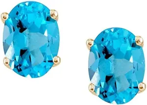 2.80 Carats Genuine Blue Topaz Oval Stud Earrings Solid 14KT Yellow Gold