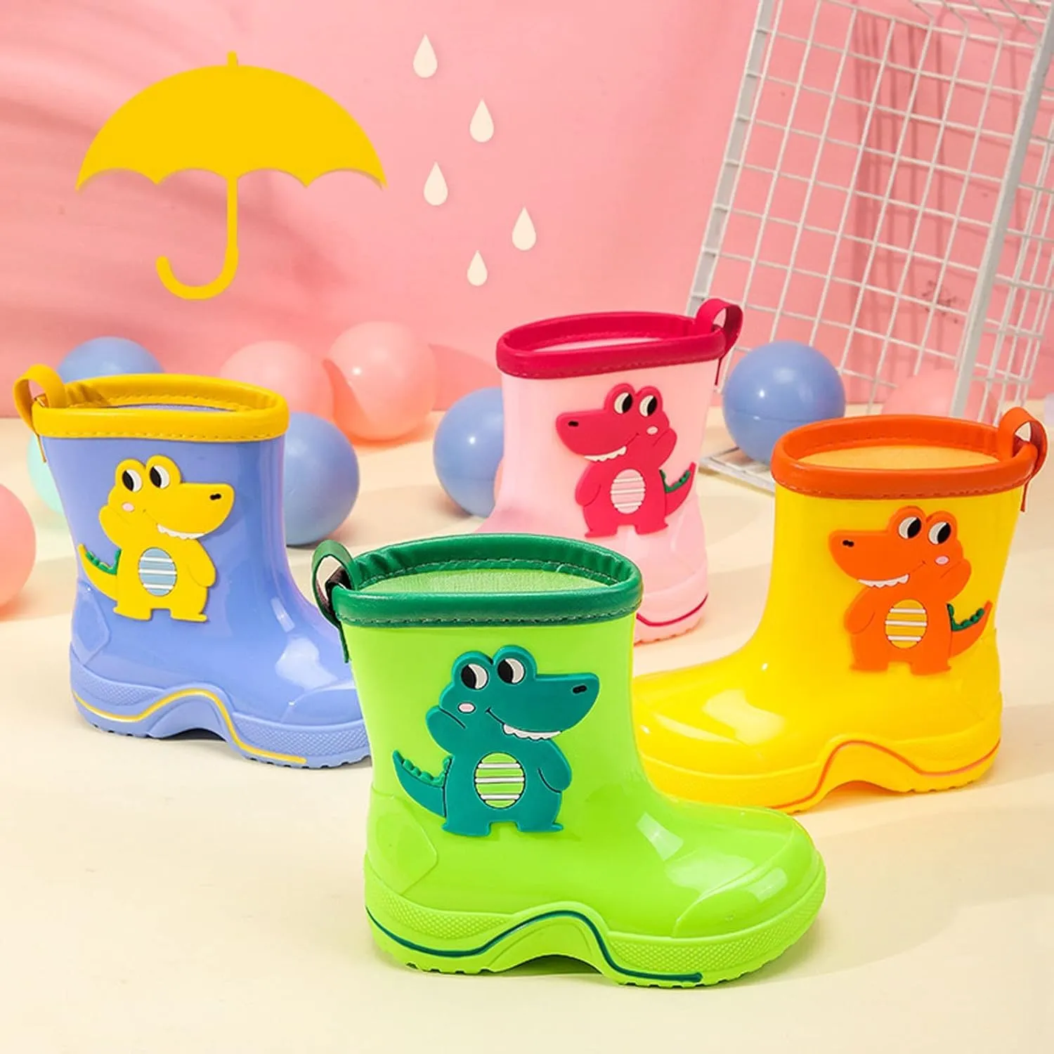 Boys Girls Glitter Easy On Rain Boots Rubber aterproof Boots Textured Soles Non Slip Comfortable School Boot