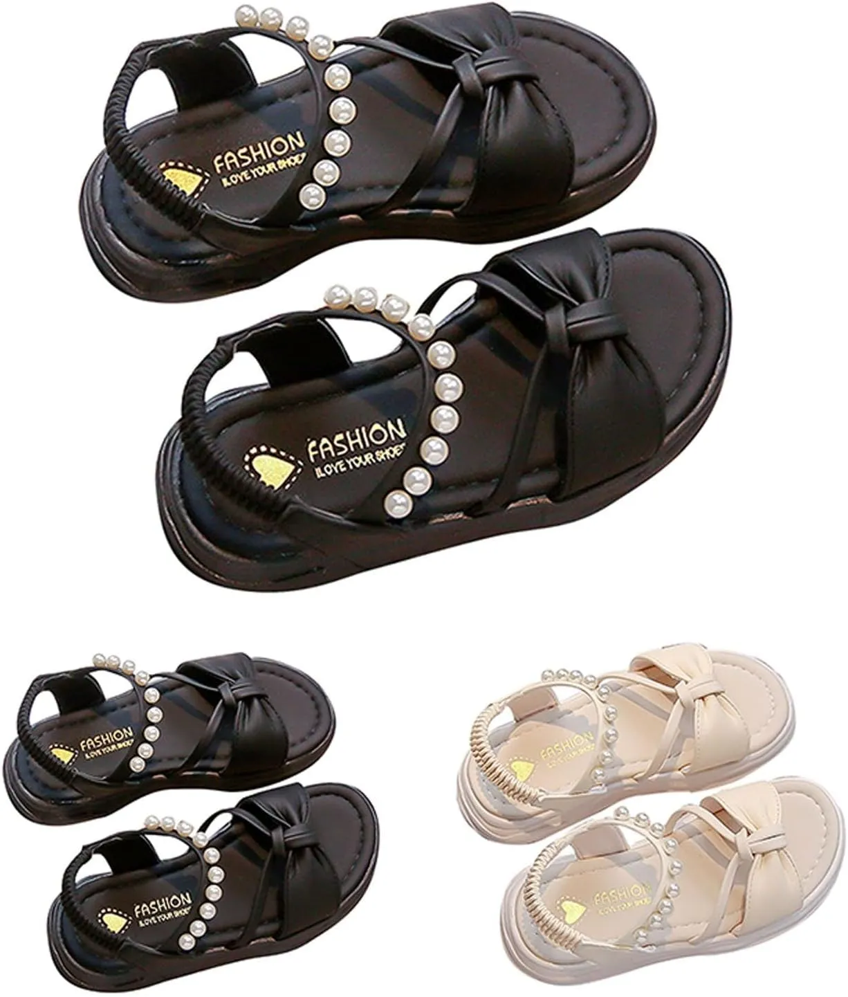 Girls Kids Pearl Elastic Strap Soft Sole Sandals Open Toe Non Slip Bow Dress Shoes Toddler Cute Birthday Footwear