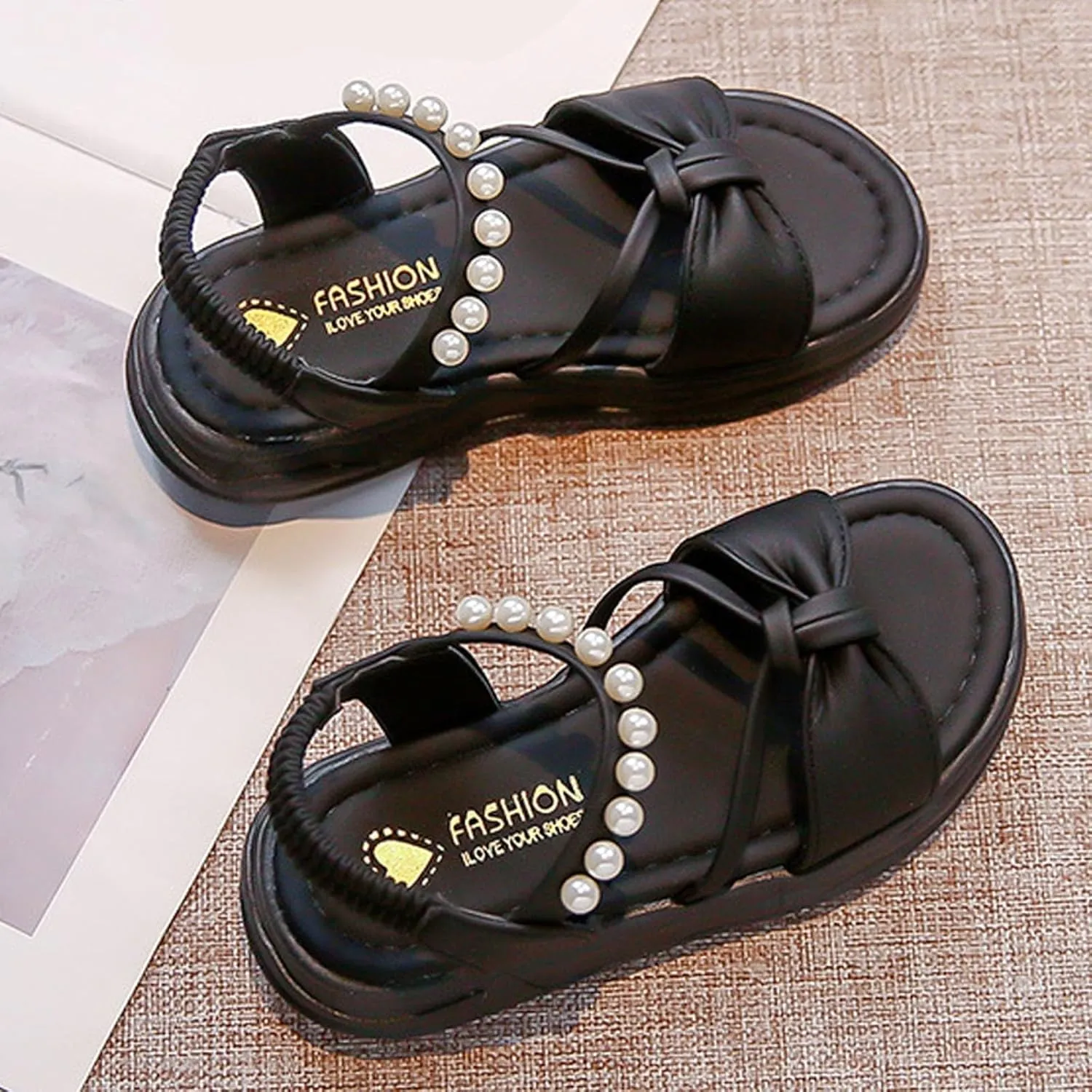 Girls Kids Pearl Elastic Strap Soft Sole Sandals Open Toe Non Slip Bow Dress Shoes Toddler Cute Birthday Footwear