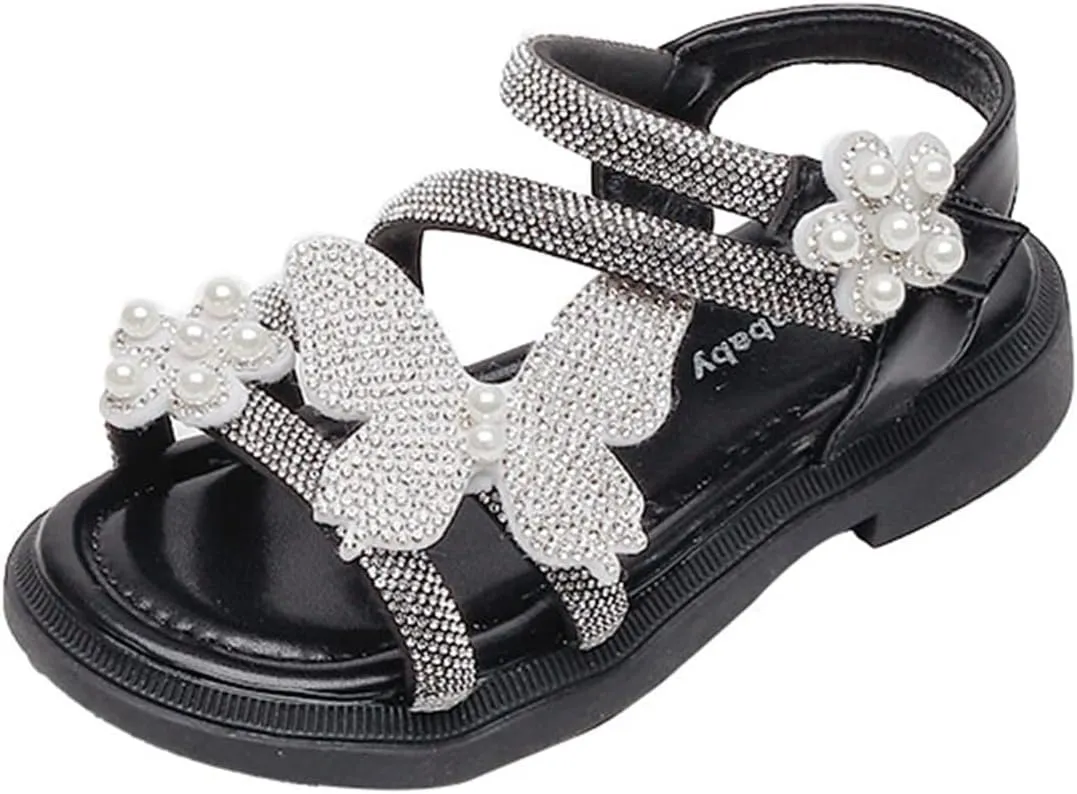 Girls Leather Rhinestones Jelly Sandals Toddler Bow Flower Design Soft Toe Princess Dress Breathable Soft Sole Flat Shoes