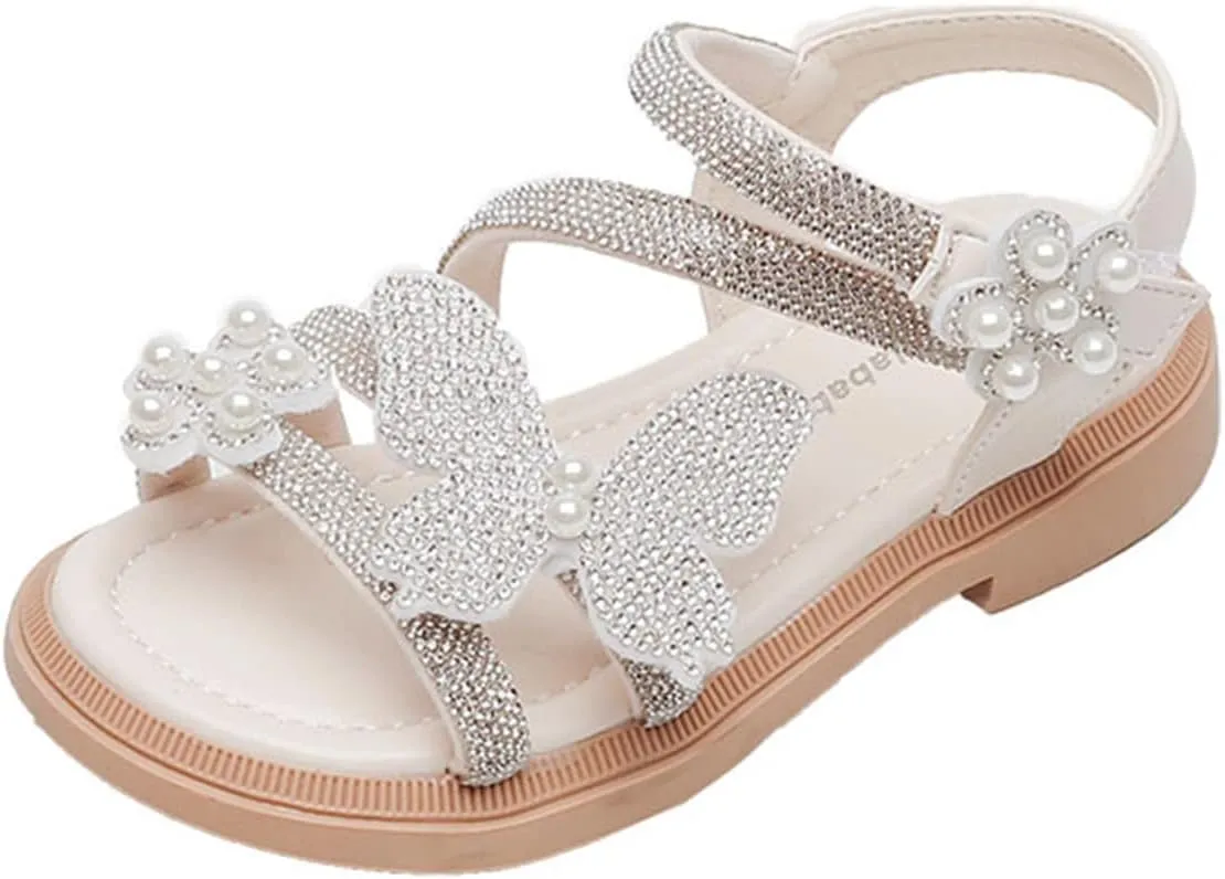 Girls Leather Rhinestones Jelly Sandals Toddler Bow Flower Design Soft Toe Princess Dress Breathable Soft Sole Flat Shoes