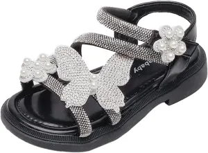 Girls Leather Rhinestones Jelly Sandals Toddler Bow Flower Design Soft Toe Princess Dress Breathable Soft Sole Flat Shoes