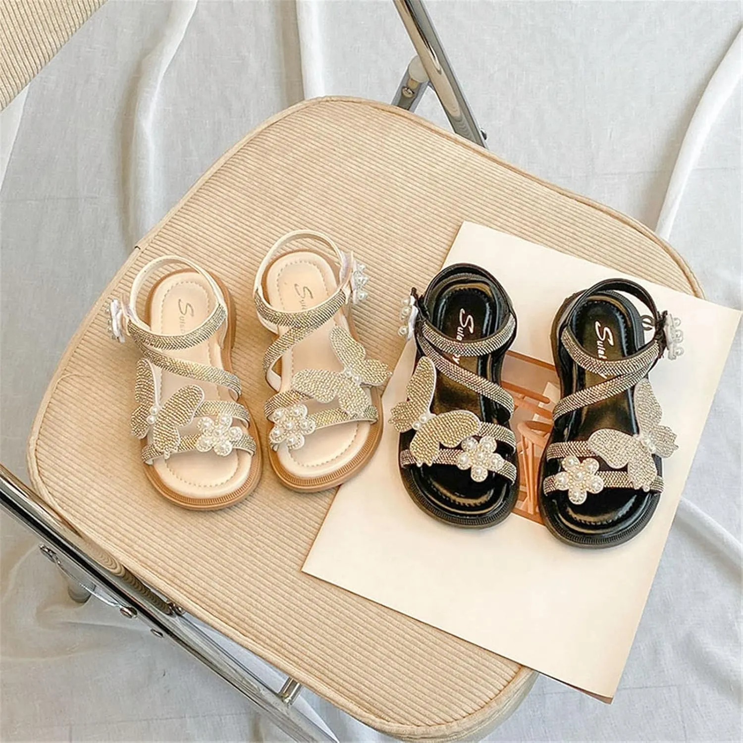 Girls Leather Rhinestones Jelly Sandals Toddler Bow Flower Design Soft Toe Princess Dress Breathable Soft Sole Flat Shoes