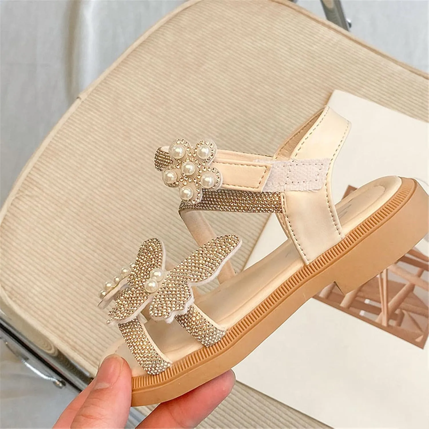 Girls Leather Rhinestones Jelly Sandals Toddler Bow Flower Design Soft Toe Princess Dress Breathable Soft Sole Flat Shoes