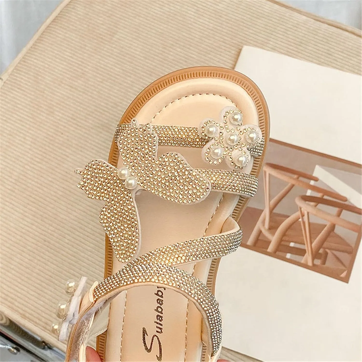 Girls Leather Rhinestones Jelly Sandals Toddler Bow Flower Design Soft Toe Princess Dress Breathable Soft Sole Flat Shoes