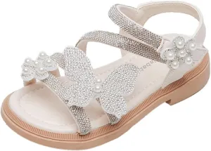 Girls Leather Rhinestones Jelly Sandals Toddler Bow Flower Design Soft Toe Princess Dress Breathable Soft Sole Flat Shoes