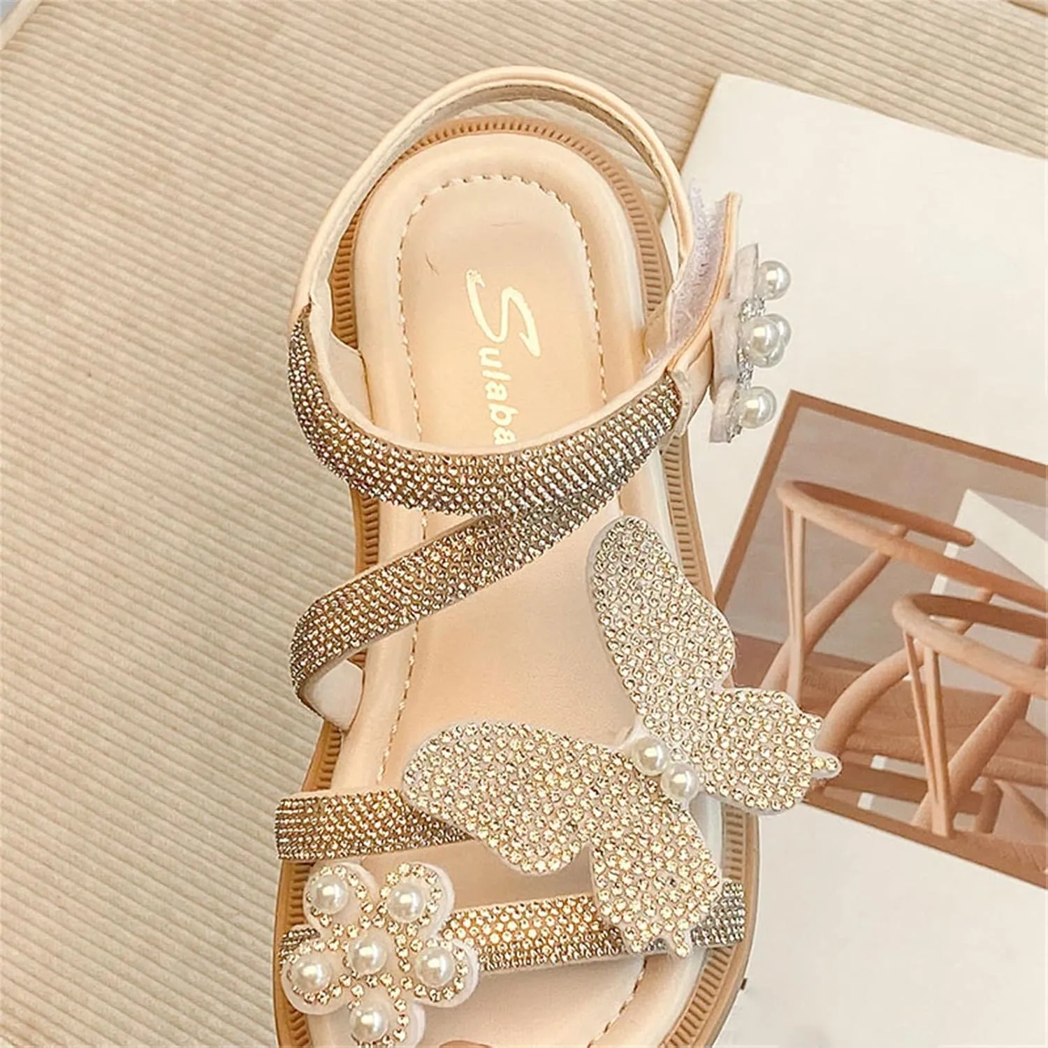 Girls Leather Rhinestones Jelly Sandals Toddler Bow Flower Design Soft Toe Princess Dress Breathable Soft Sole Flat Shoes