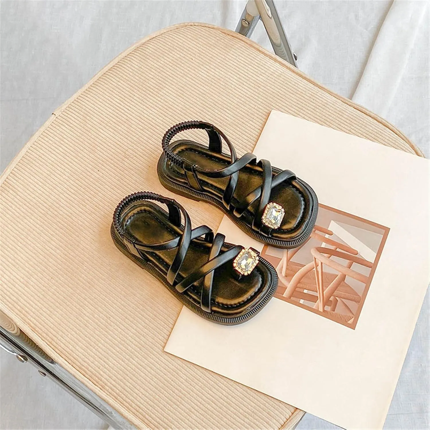 Girls Open Toe Cute No Heels Dress Sandals Strappy Elastic Ankle Strap Soft Platform Shoes for Beach Kids Sandals
