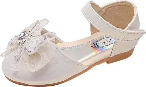 Girls Sequin Ribbon Bow Dress Sandals Kids Flat Bottom Lightweight Breathable Hook Loop Closed Toe Ballet Little