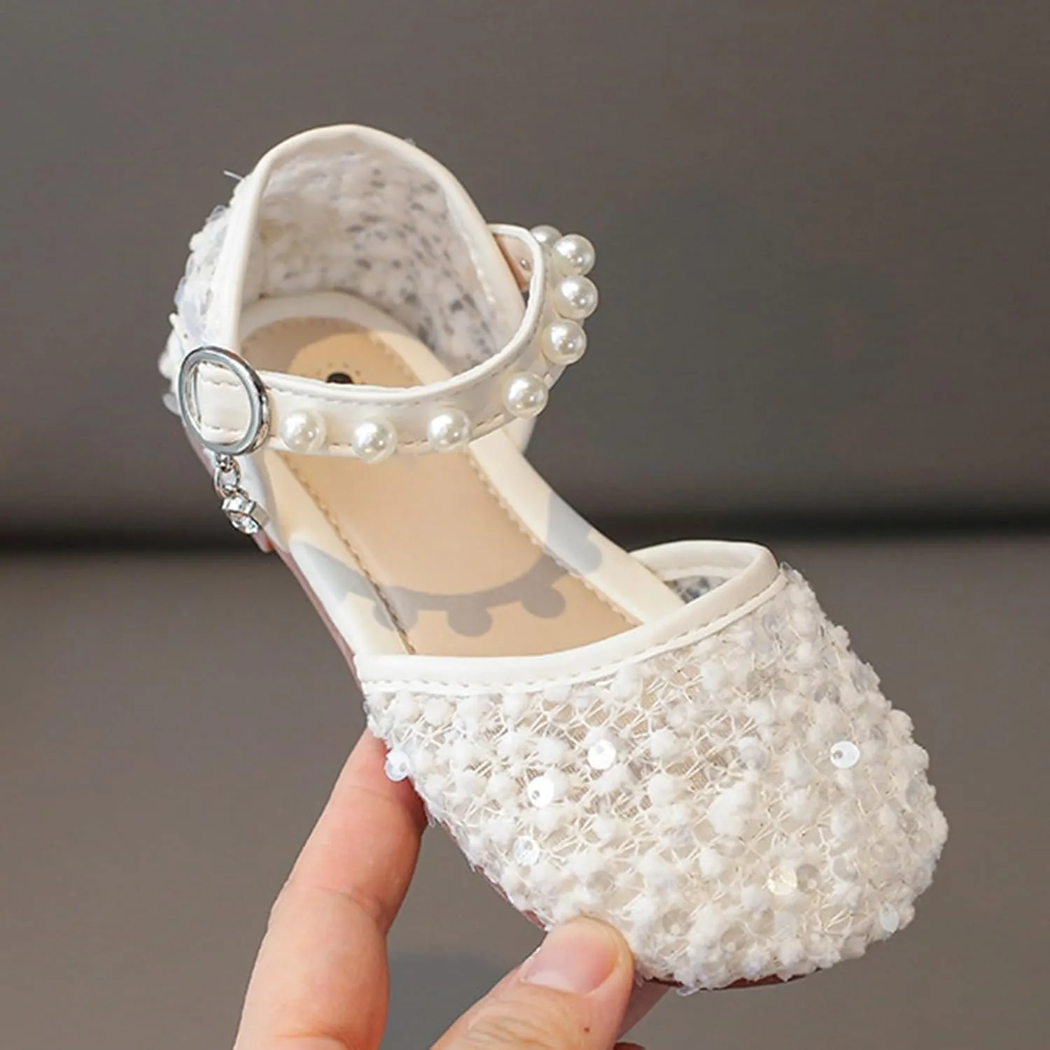 Girls Sequins Pearls Sandals Crystal Soft Bottom Single Dance Toddler Slides Shoes Closed Toed Soft Princess Dress Shoes