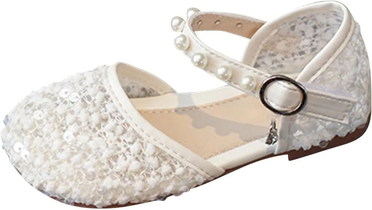 Girls Sequins Pearls Sandals Crystal Soft Bottom Single Dance Toddler Slides Shoes Closed Toed Soft Princess Dress Shoes