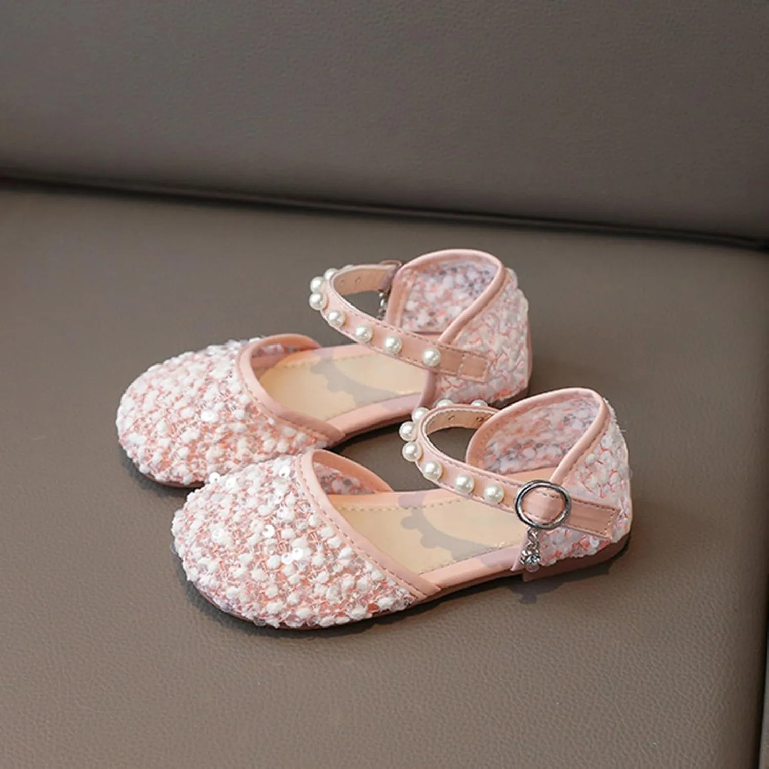 Girls Sequins Pearls Sandals Crystal Soft Bottom Single Dance Toddler Slides Shoes Closed Toed Soft Princess Dress Shoes