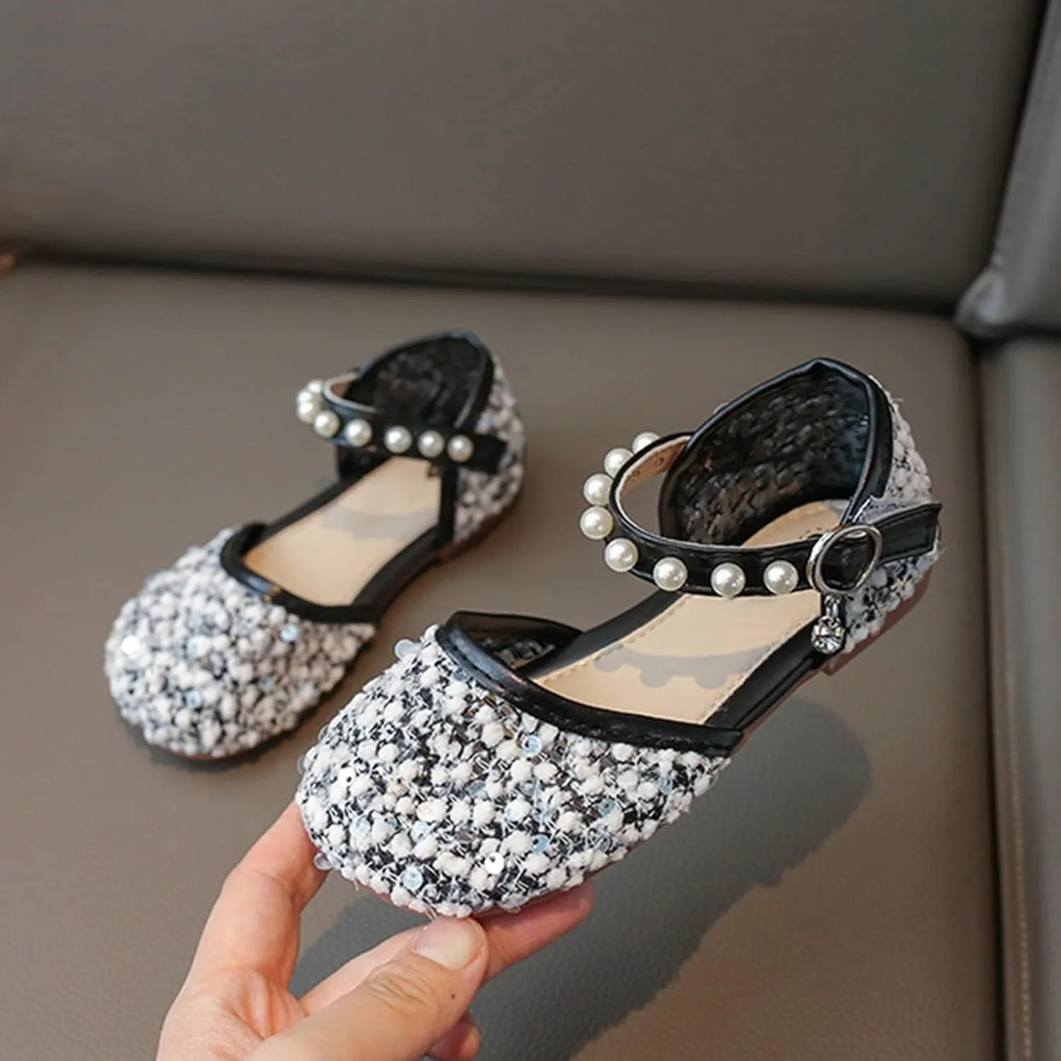 Girls Sequins Pearls Sandals Crystal Soft Bottom Single Dance Toddler Slides Shoes Closed Toed Soft Princess Dress Shoes