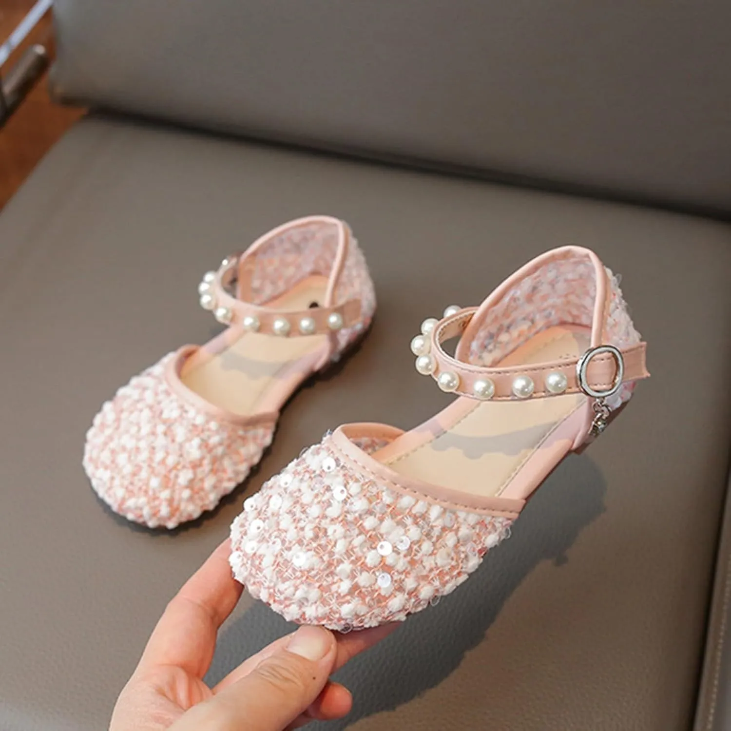 Girls Sequins Pearls Sandals Crystal Soft Bottom Single Dance Toddler Slides Shoes Closed Toed Soft Princess Dress Shoes