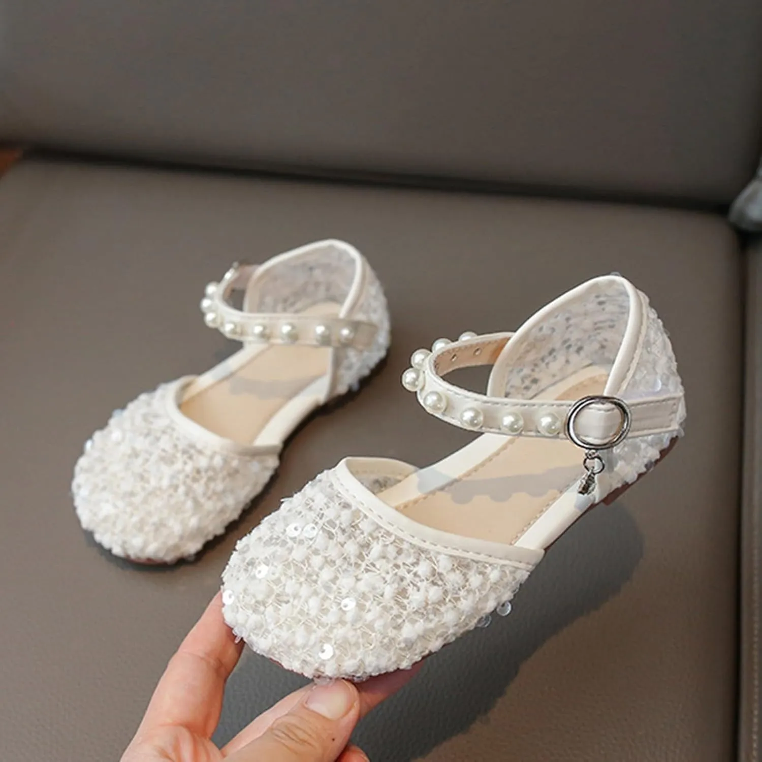 Girls Sequins Pearls Sandals Crystal Soft Bottom Single Dance Toddler Slides Shoes Closed Toed Soft Princess Dress Shoes
