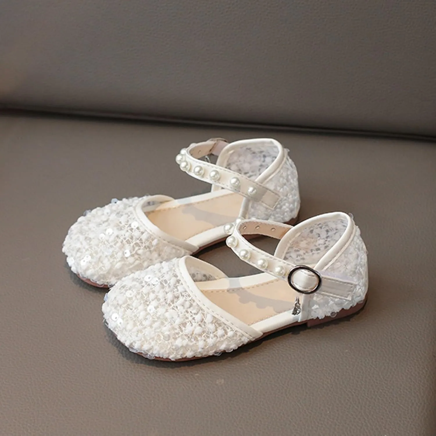 Girls Sequins Pearls Sandals Crystal Soft Bottom Single Dance Toddler Slides Shoes Closed Toed Soft Princess Dress Shoes