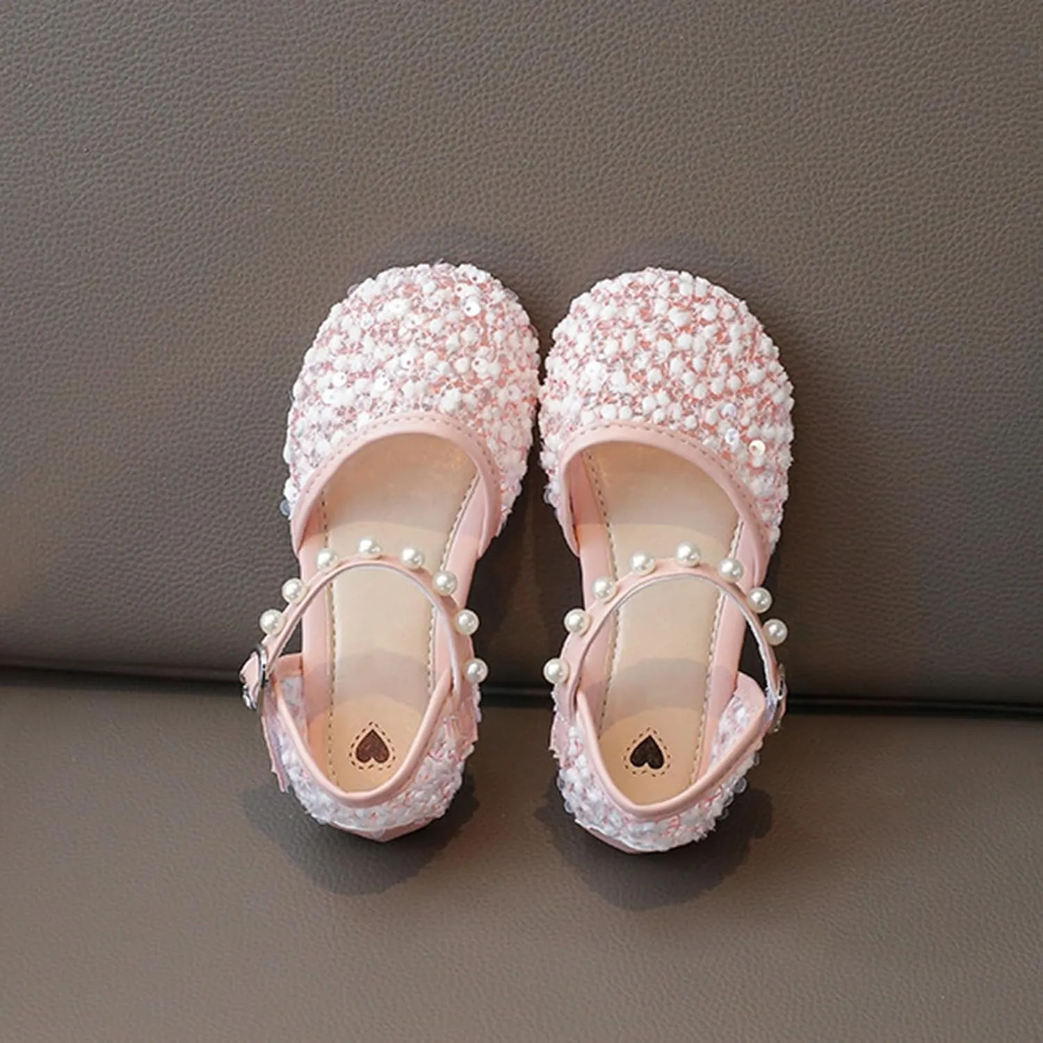 Girls Sequins Pearls Sandals Crystal Soft Bottom Single Dance Toddler Slides Shoes Closed Toed Soft Princess Dress Shoes