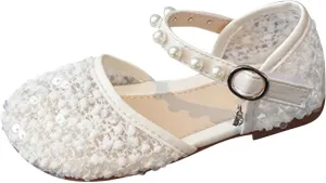 Girls Sequins Pearls Sandals Crystal Soft Bottom Single Dance Toddler Slides Shoes Closed Toed Soft Princess Dress Shoes