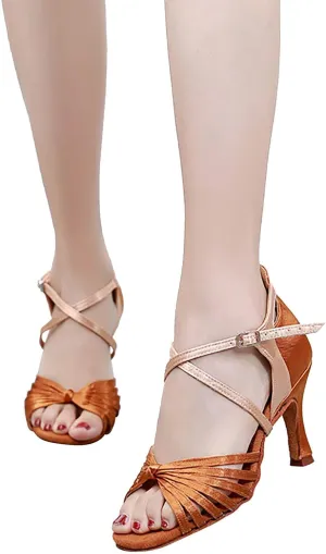 Hbeylia Women's Latin Dance Shoes Open Toe Mid Heel Ankle Strap Satin Professional Ballroom Salsa Practice Performance Dance Shoes For Wedding Party