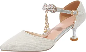 Kids Pointed Toe Heels Pumps for Girls Hook Buckle Pearls Wedding Party Sandal 2025 Fashion Slides Youth Girls