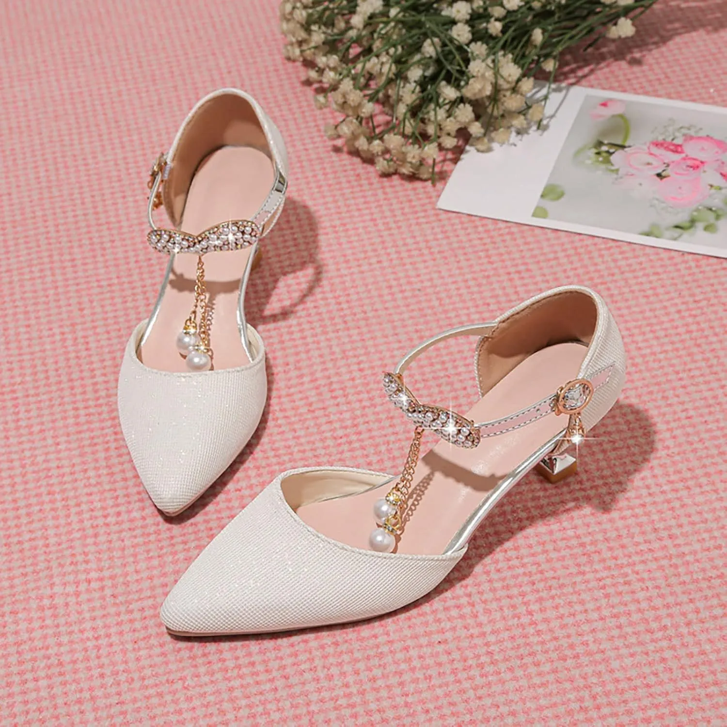 Kids Pointed Toe Heels Pumps for Girls Hook Buckle Pearls Wedding Party Sandal 2025 Fashion Slides Youth Girls