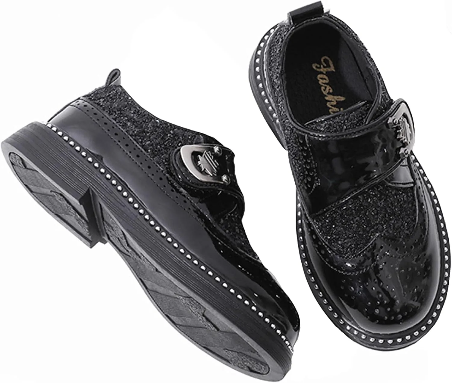 Little Big Boys Girls Dress Oxfords Hook&Loop Shiny Glitter Formal Shoes for Wedding Party Show Ceremony