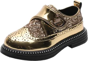 Little Big Boys Girls Dress Oxfords Hook&Loop Shiny Glitter Formal Shoes for Wedding Party Show Ceremony