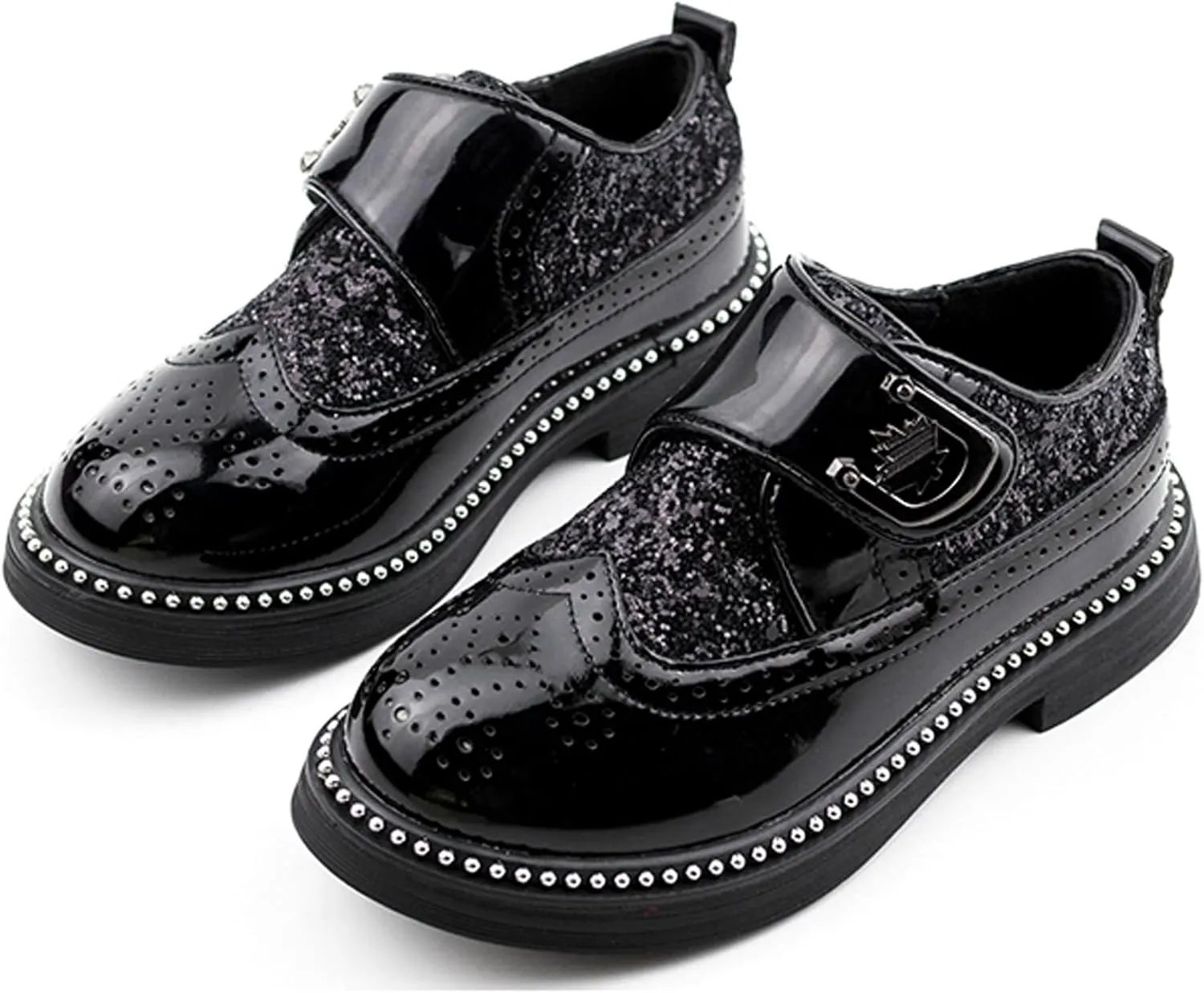 Little Big Boys Girls Dress Oxfords Hook&Loop Shiny Glitter Formal Shoes for Wedding Party Show Ceremony