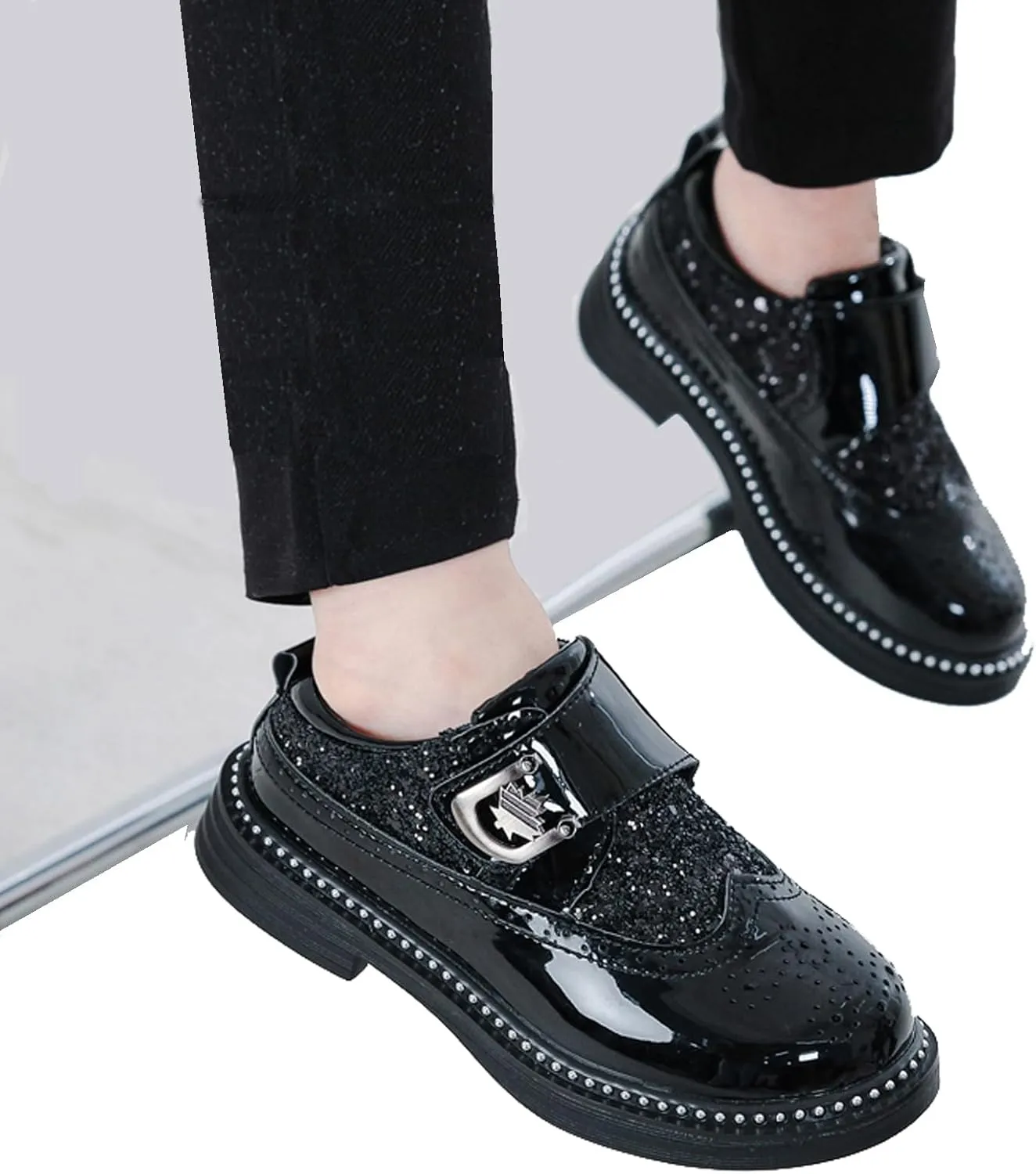 Little Big Boys Girls Dress Oxfords Hook&Loop Shiny Glitter Formal Shoes for Wedding Party Show Ceremony
