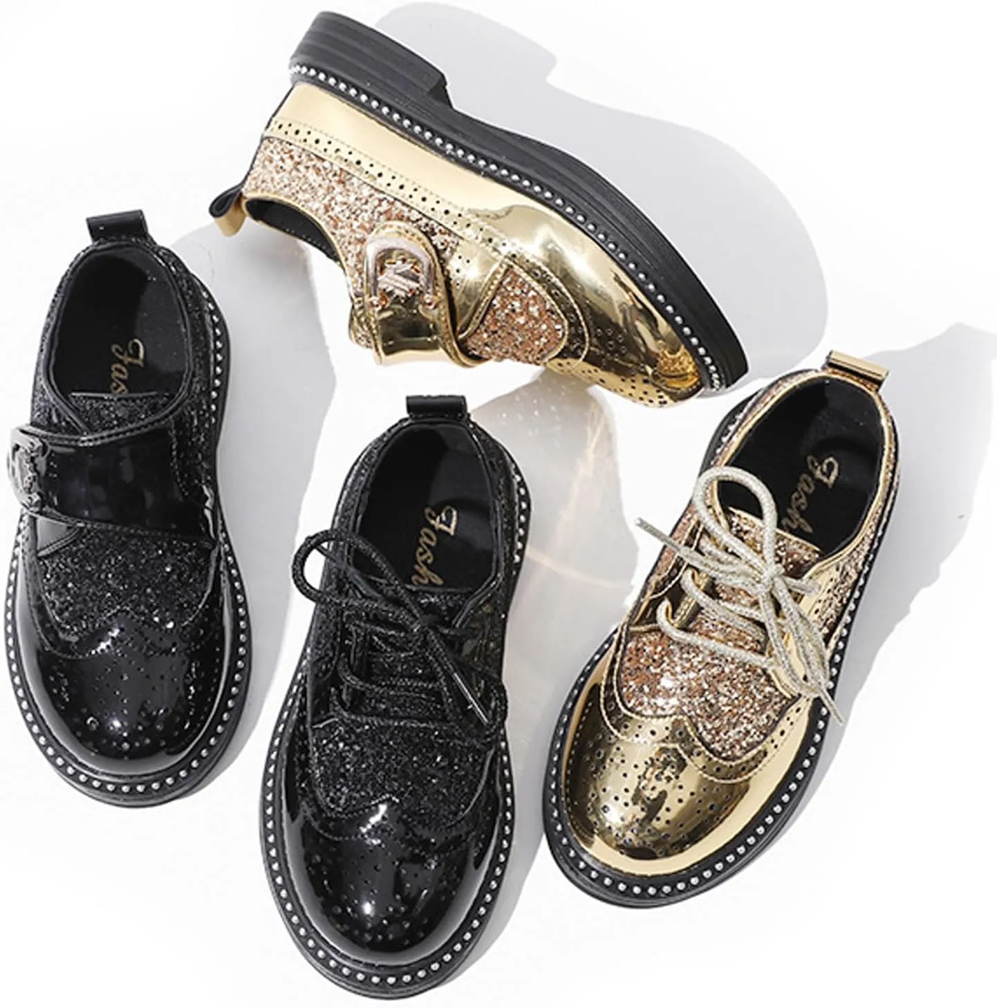 Little Big Boys Girls Dress Oxfords Hook&Loop Shiny Glitter Formal Shoes for Wedding Party Show Ceremony