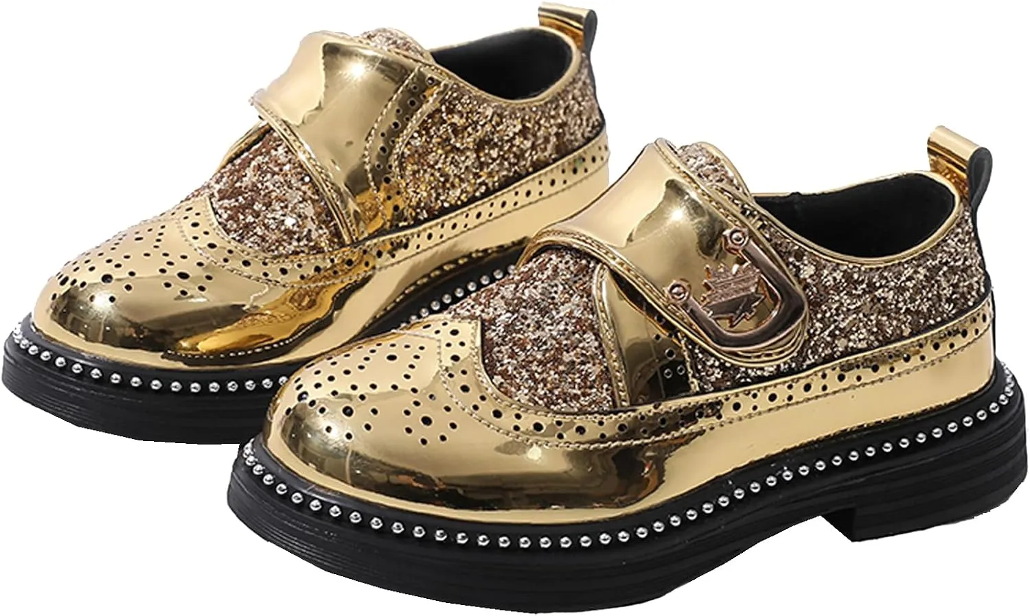 Little Big Boys Girls Dress Oxfords Hook&Loop Shiny Glitter Formal Shoes for Wedding Party Show Ceremony