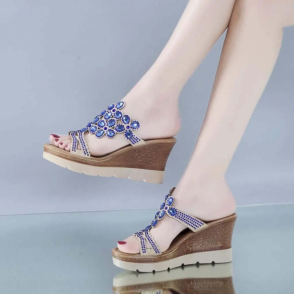 Sandals for Women Wedge Shoes Sandals Slip-On Rhinestone Summer Women Wedges Breathable Toe Beach Shoes Women's Wedges