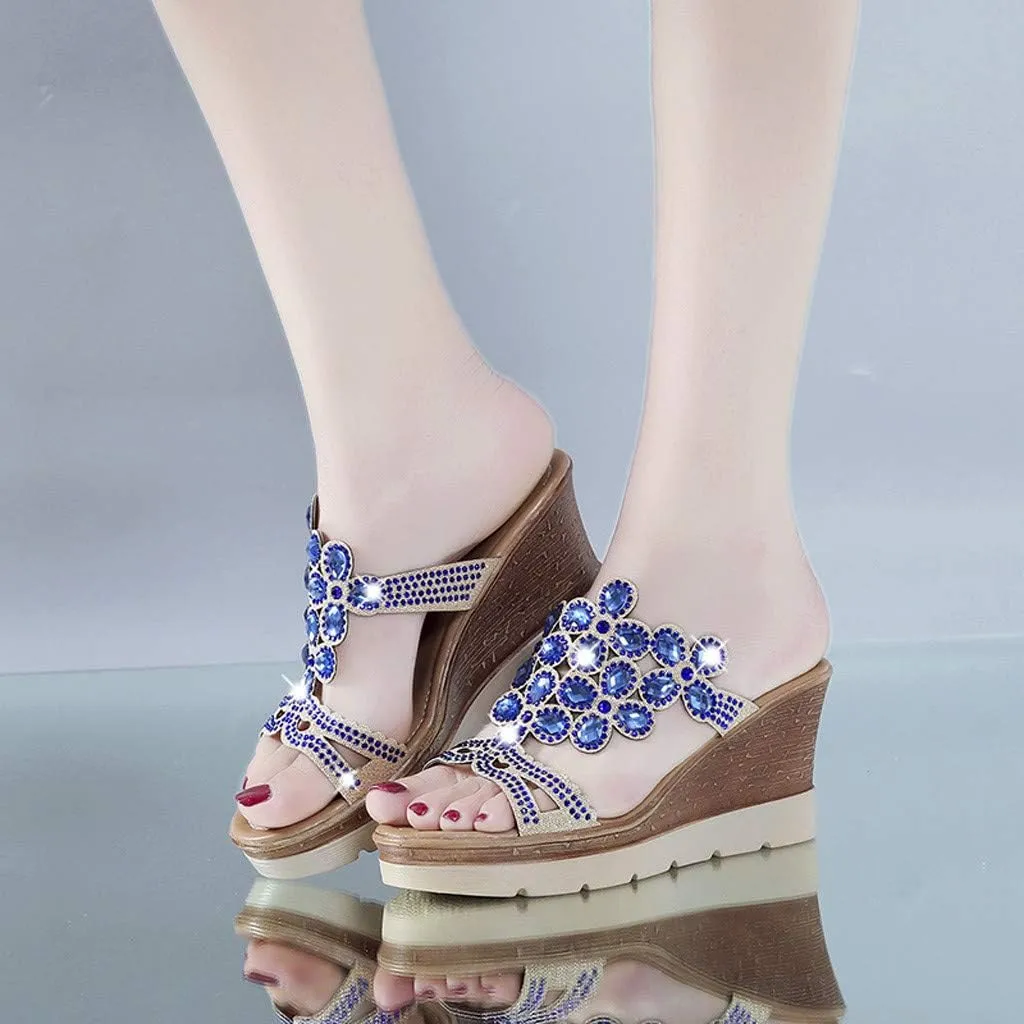 Sandals for Women Wedge Shoes Sandals Slip-On Rhinestone Summer Women Wedges Breathable Toe Beach Shoes Women's Wedges