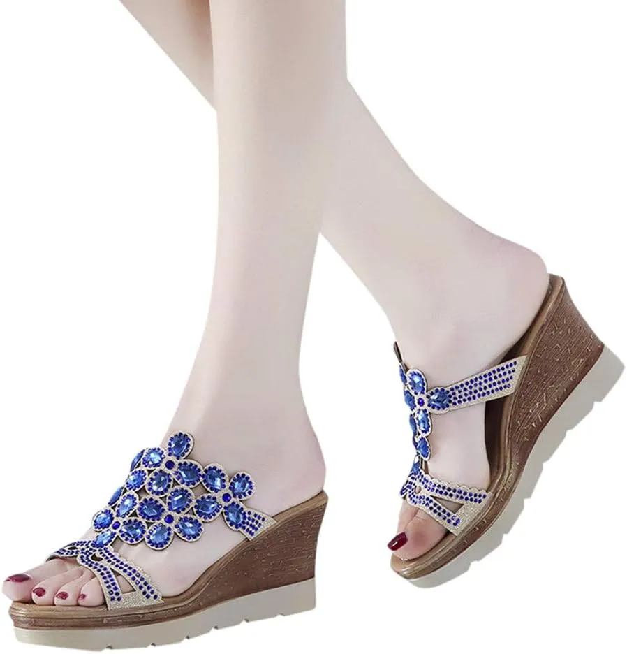 Sandals for Women Wedge Shoes Sandals Slip-On Rhinestone Summer Women Wedges Breathable Toe Beach Shoes Women's Wedges