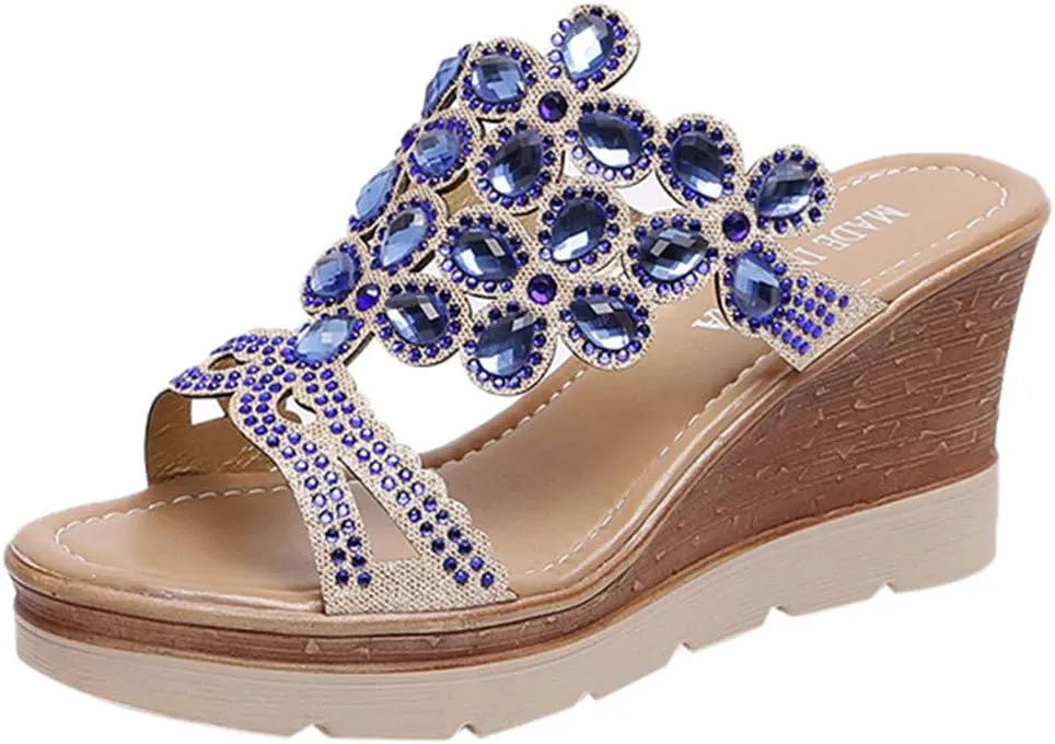 Sandals for Women Wedge Shoes Sandals Slip-On Rhinestone Summer Women Wedges Breathable Toe Beach Shoes Women's Wedges