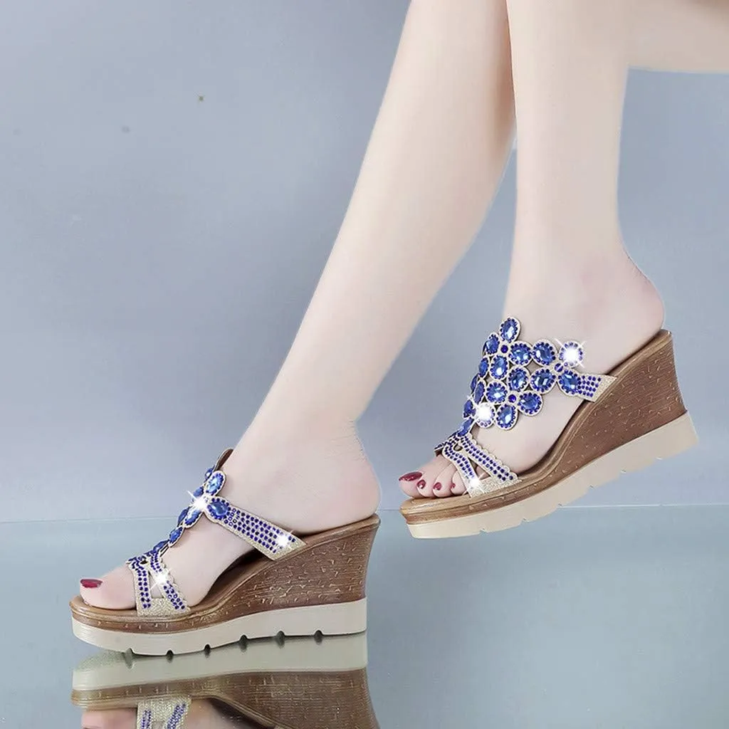 Sandals for Women Wedge Shoes Sandals Slip-On Rhinestone Summer Women Wedges Breathable Toe Beach Shoes Women's Wedges