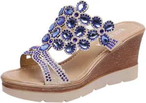 Sandals for Women Wedge Shoes Sandals Slip-On Rhinestone Summer Women Wedges Breathable Toe Beach Shoes Women's Wedges