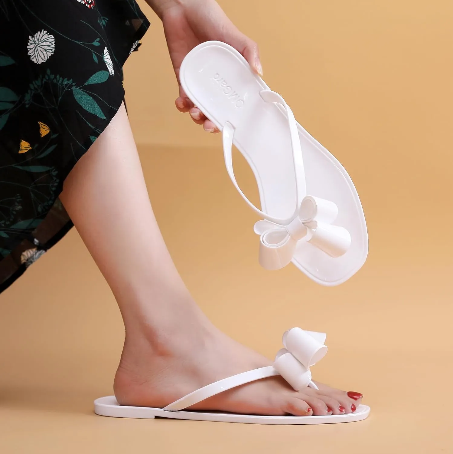 Studded Sandals for Women Bow Flip Flops Jelly Shoes Womens Beige Jellies Flat Summer Beach Thong Slides with Rivets Dressy Slippers Slip On