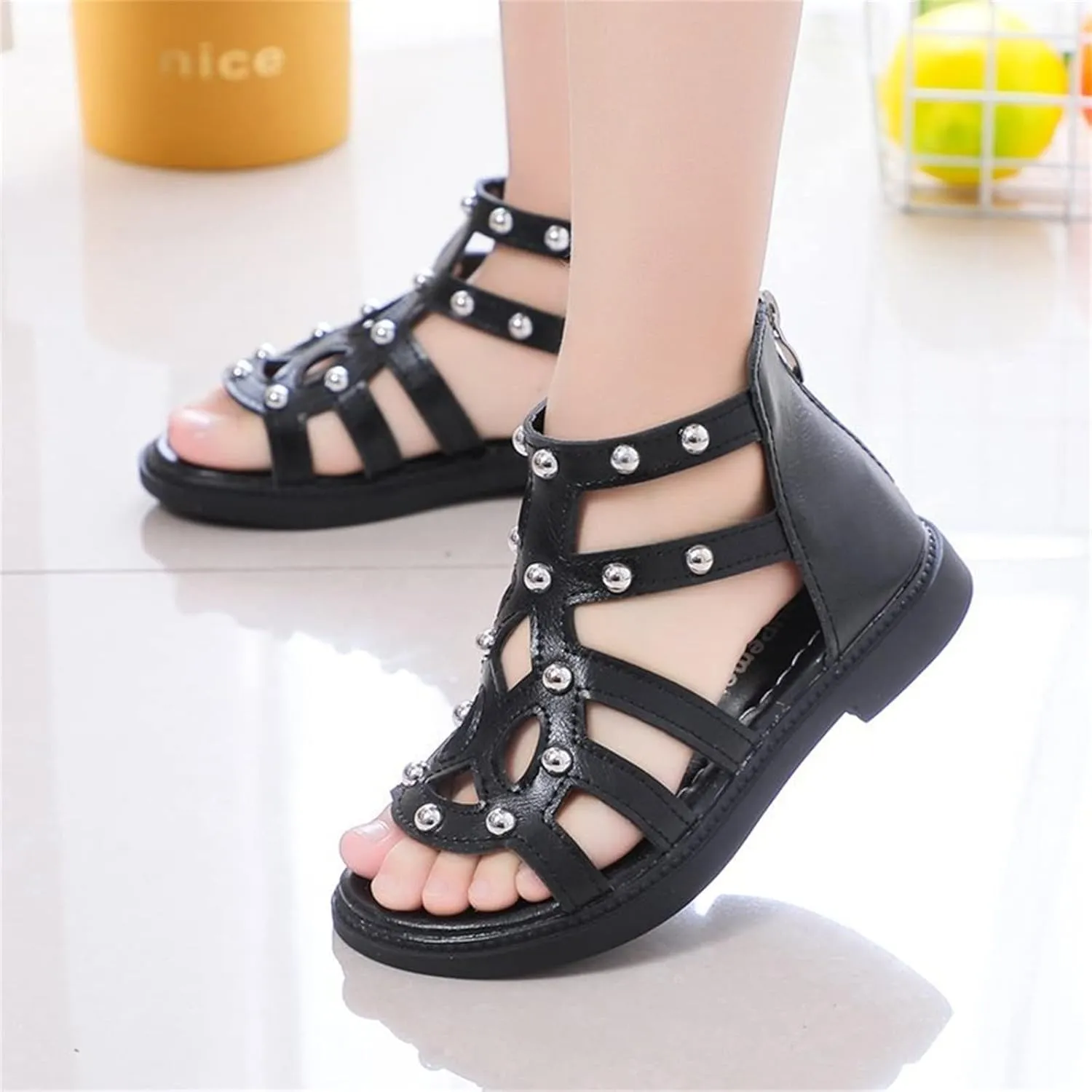 Toddler Girls Flat High Top Sandals Open Toe Rubber Soft Sole Non Slip Outdoor Casual Roman Shoes for Big Kids