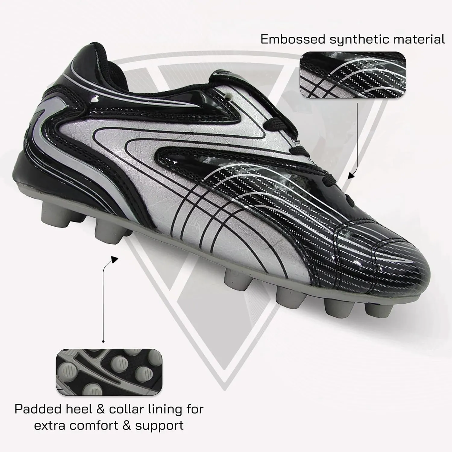 Vizari Striker FG Soccer Cleats for Men & Women | Premium Firm Ground Football Shoes with Rubber Studs | Black Synthetic Cleats for Outdoor Play, Size 6.5-13 (Unisex)