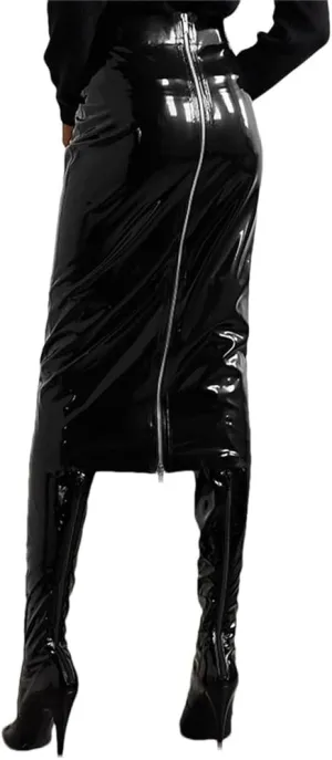 Women High Waist Misi Skirt Shiny Patent Leather Pencil Skirts Zip Sexy Stretch PVC Skirt