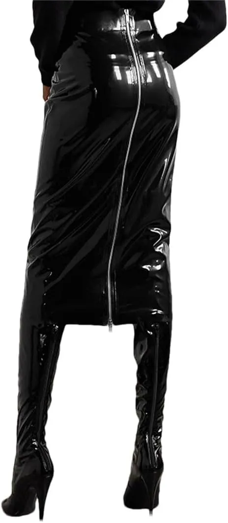 Women High Waist Misi Skirt Shiny Patent Leather Pencil Skirts Zip Sexy Stretch PVC Skirt