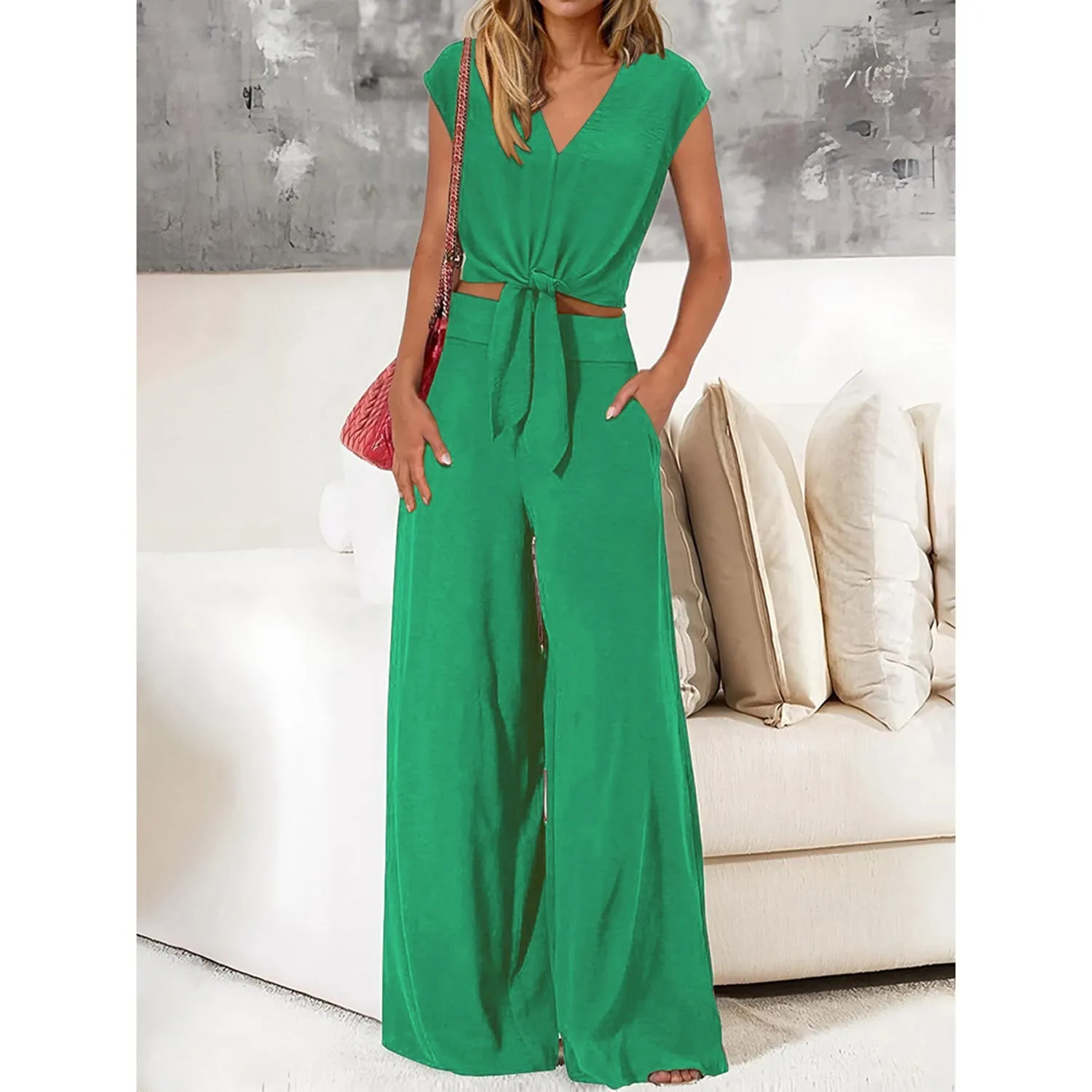 Womens 2-Piece Set  Lightweight V-Neck Tie Front Crop Top  High-Waist Wide-Leg Pants