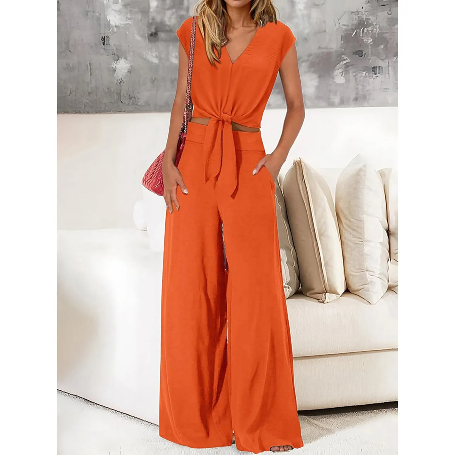 Womens 2-Piece Set  Lightweight V-Neck Tie Front Crop Top  High-Waist Wide-Leg Pants
