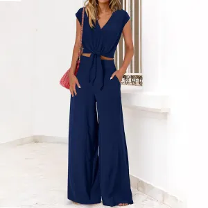 Womens 2-Piece Set  Lightweight V-Neck Tie Front Crop Top  High-Waist Wide-Leg Pants