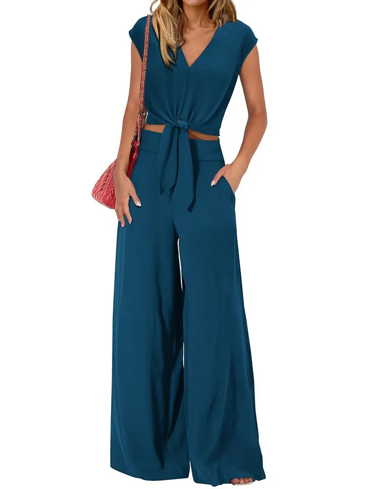 Womens 2-Piece Set  Lightweight V-Neck Tie Front Crop Top  High-Waist Wide-Leg Pants