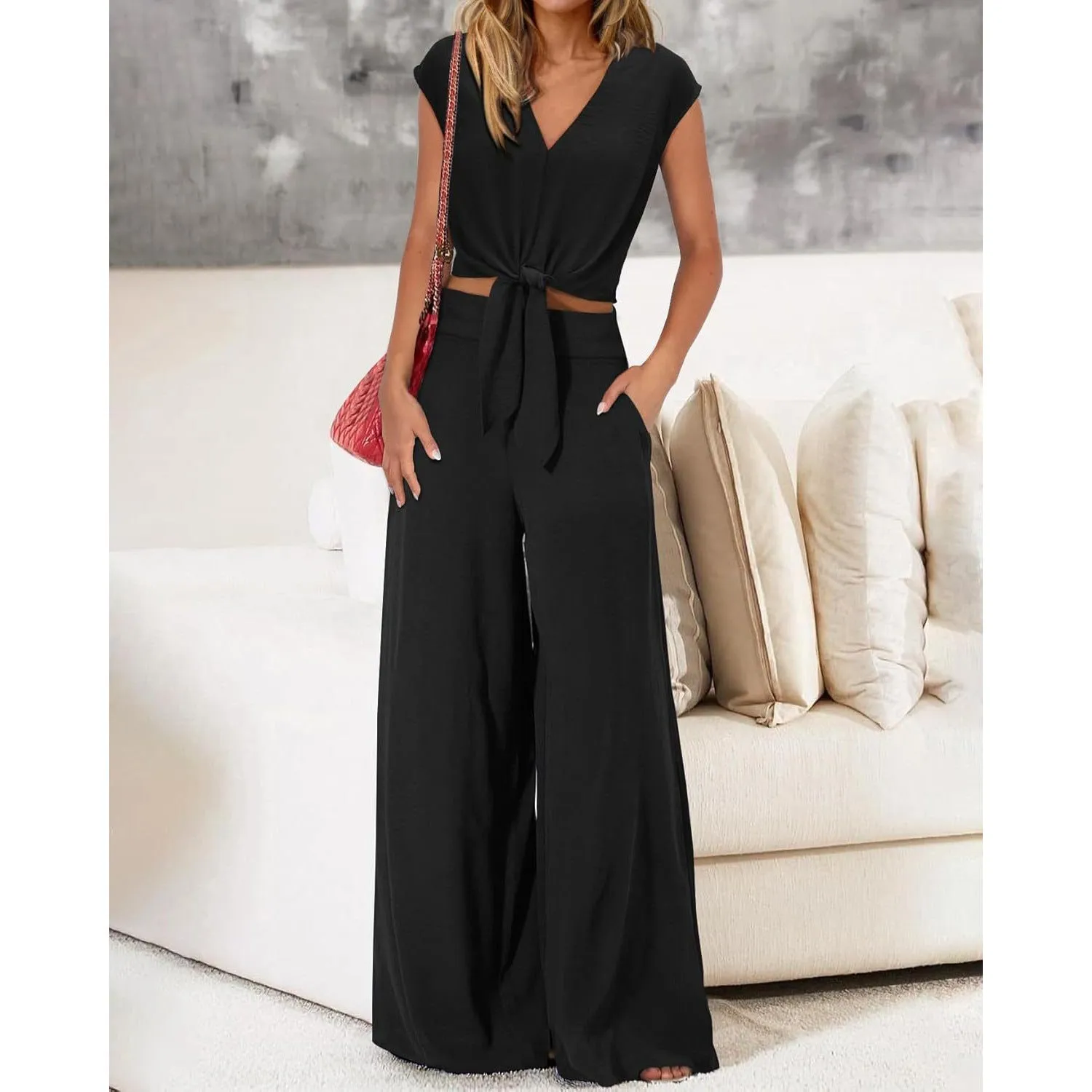 Womens 2-Piece Set  Lightweight V-Neck Tie Front Crop Top  High-Waist Wide-Leg Pants