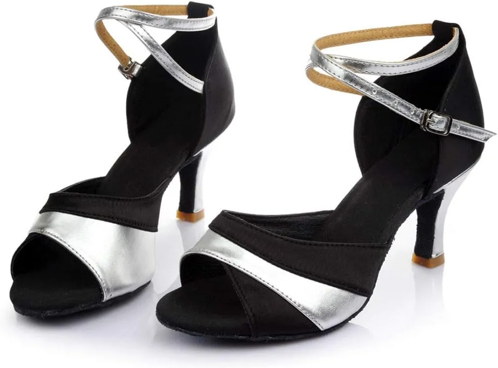 Women's Latin Dance Shoes Professional Ballroom Performance Dance Shoes Womens Sandals Ankle Strapy Fashion Solid Mid Heel Shoe